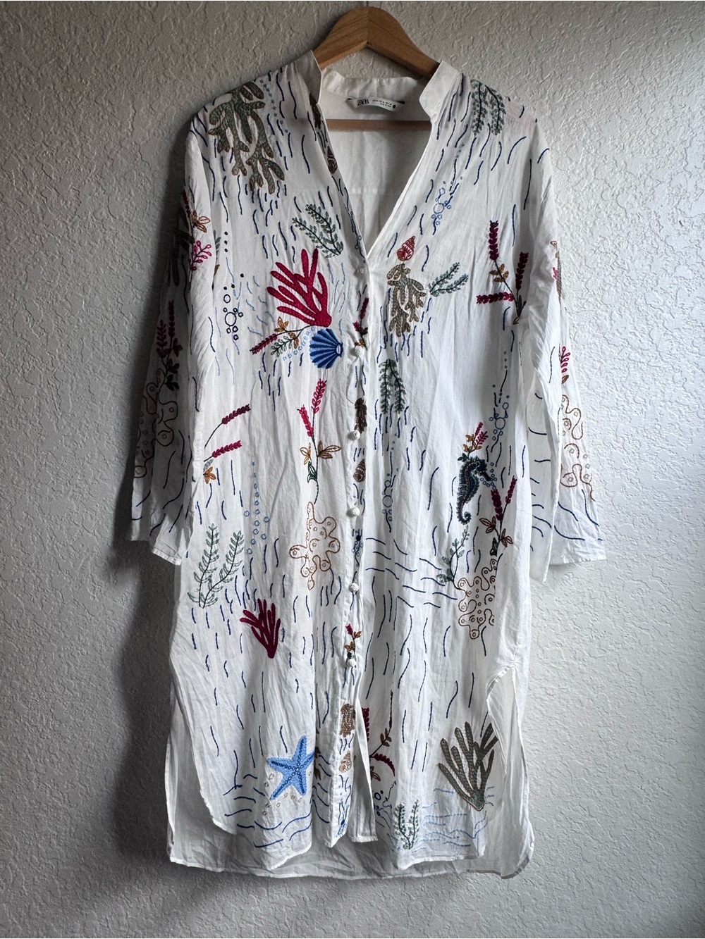 ZARA Embroidered Sea Motif Midi Shirt Dress Oyster White Medium Coastal Boho